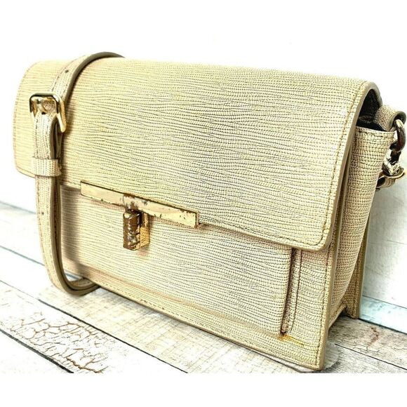 Cole Haan COATED BEIGE GENUINE LEATHER FLAP SMALL X-BODY SHOULDER BAG MESSENGER - Picture 2 of 11